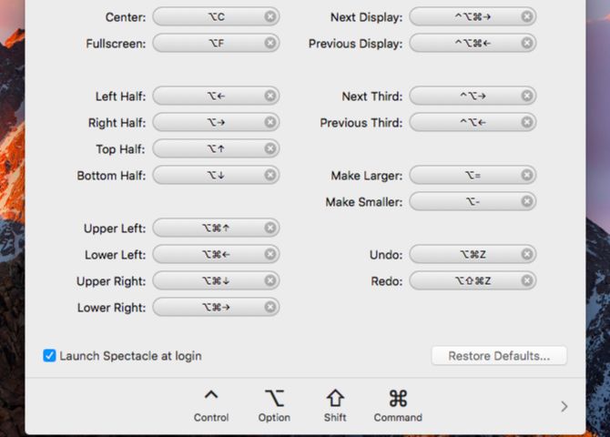 Spectacle window manager settings on macOS