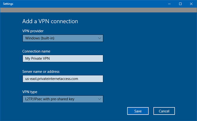 A VPN connection setup in Windows