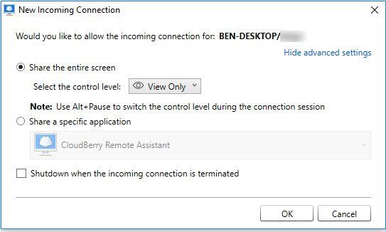 Remote Assistant Incoming Connection options