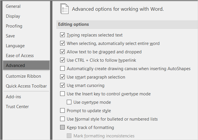 Word Advanced Options