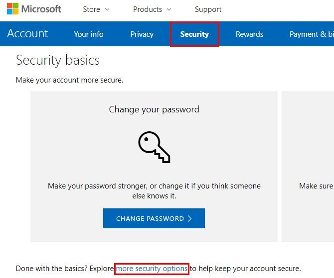 microsoft account security options tabs