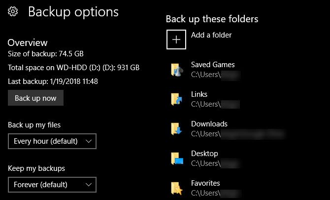 Windows 10 File History Options