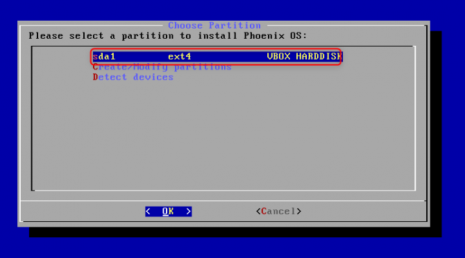 select partition to install Phoenix OS