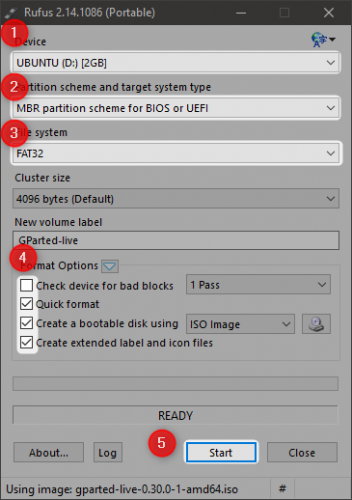 Rufus settings for creating bootable USB