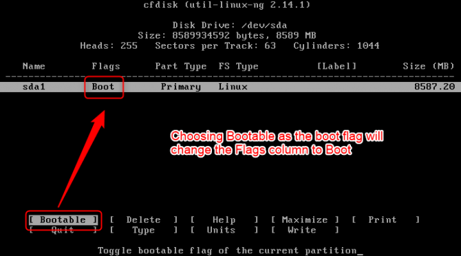 cfdisk screen, choosing boot as the boot falg