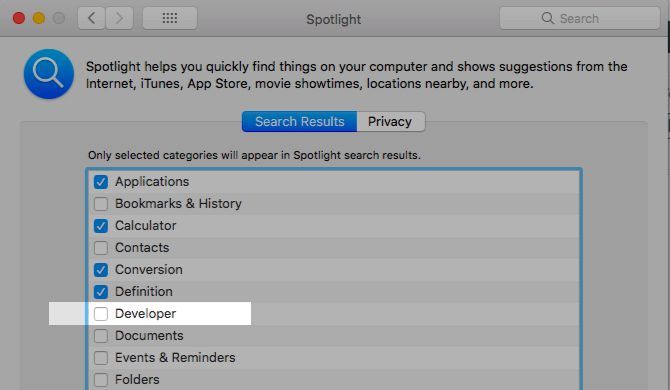 Spotlight developer category on Mac