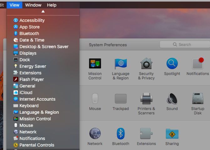 Mac System Preferences via view menu