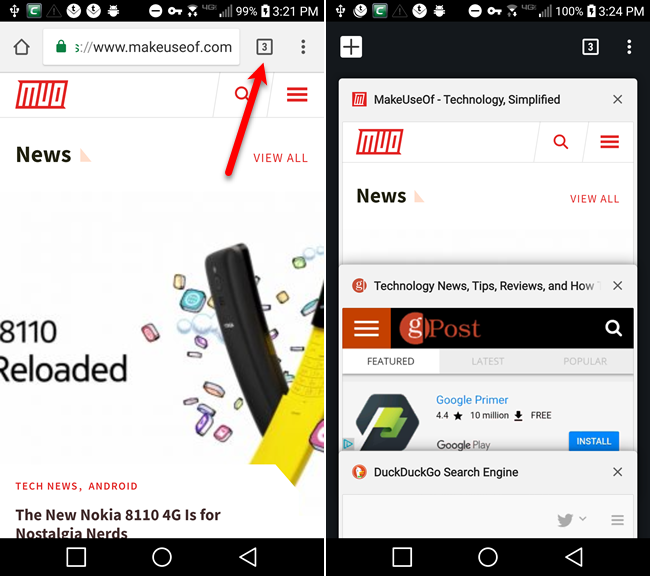 Switch Tabs using the Tabs button in Chrome on Android
