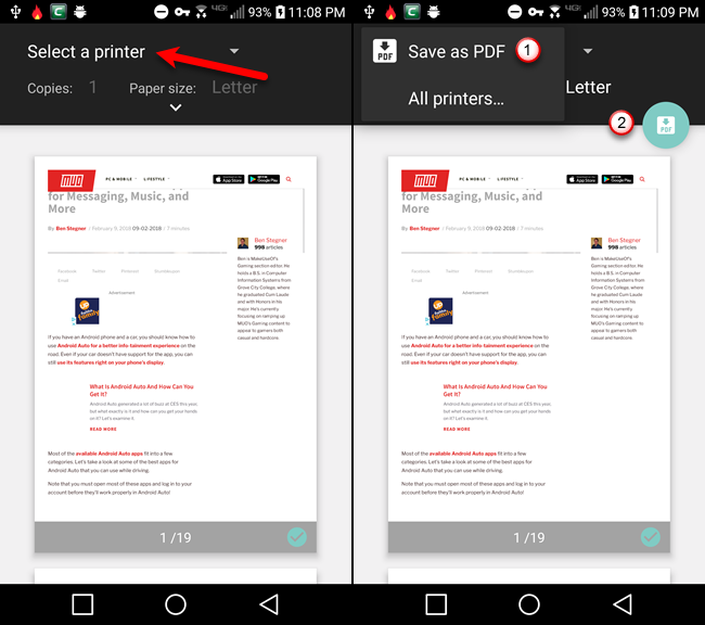 Select Save as PDF and tap the PDF button in Chrome on Android