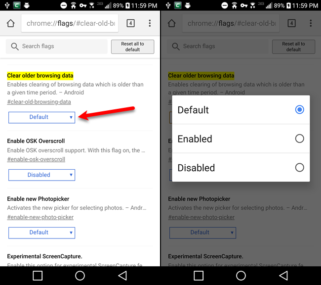 Enable the Clear older browsing data flag in Chrome on Android