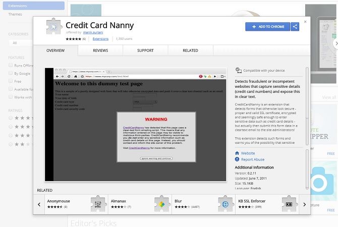 chrome security extensions - credit card nanny