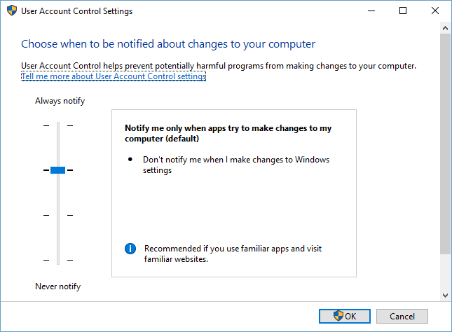 Windows 10 User Account Control Settings