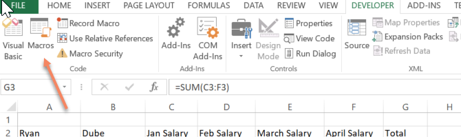 Excel macro feature