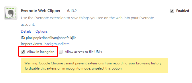 Allow in incognito Chrome extension option