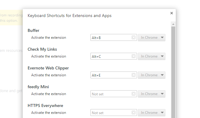 Setting keyboard shortcuts for extensions in Chrome