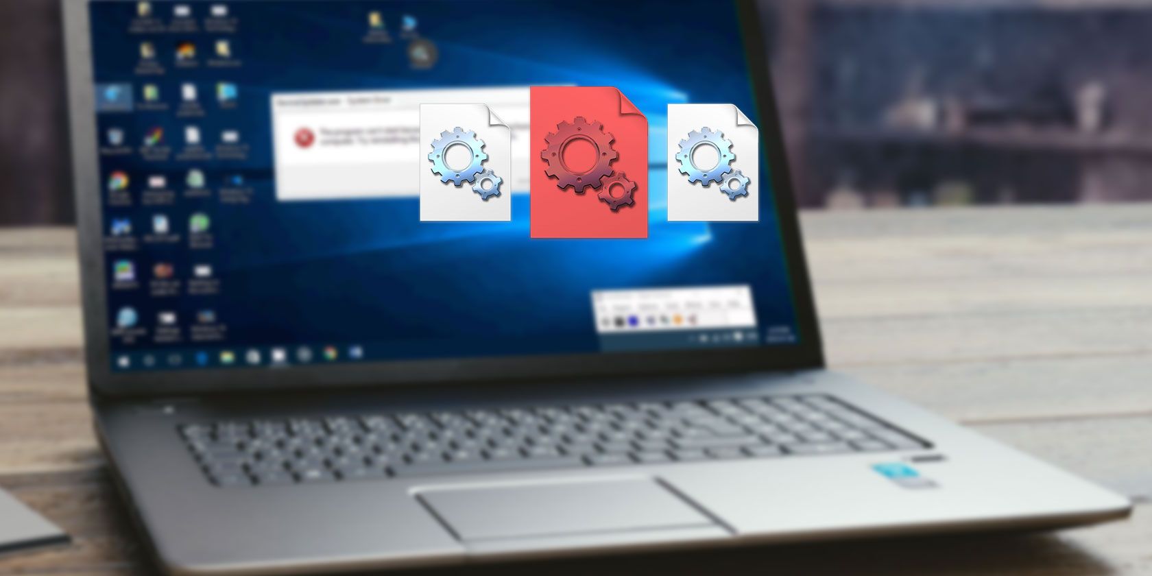 Windows 10 laptop with three DLL file icons in front, one of them in red