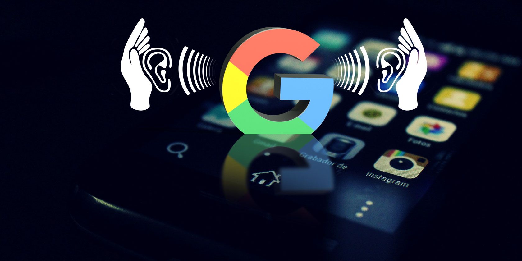 Google logo with sound waves, ears, and hands coming out of a smartphone