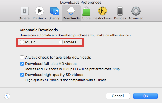 iTunes Disable Automatic Downloads