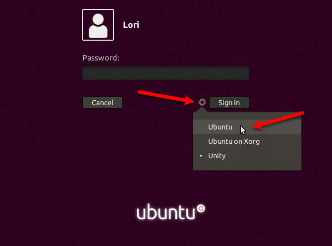 Select Ubuntu desktop before logging in