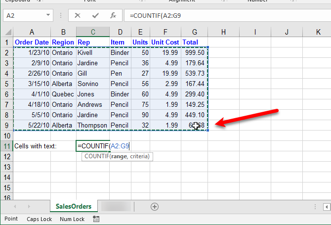 Select range for COUNTIF function in Excel