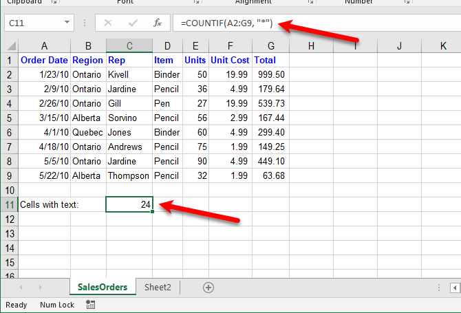Count cells with any text in Excel