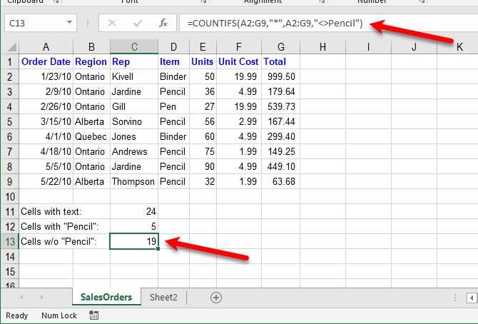 Count cells with text except for specific text in Excel