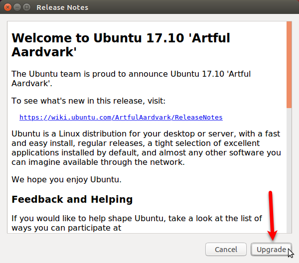 Release Notes dialog box for upgrade to Ubuntu 17.10