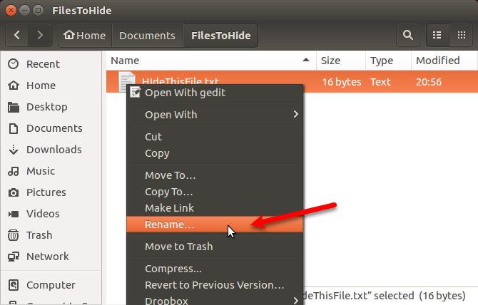 Select Rename for a file in Nautilus in Ubuntu
