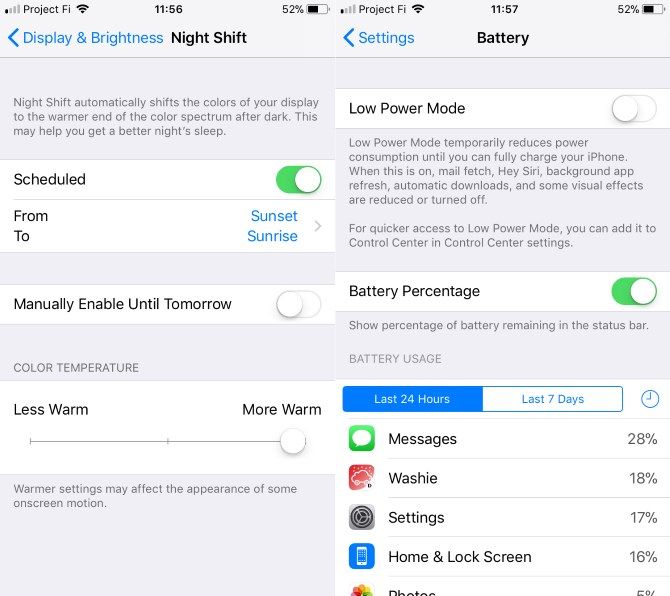 set up new iphone - Night Shift and Battery Settings