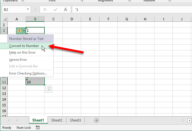 Select Convert to Number on column in Excel