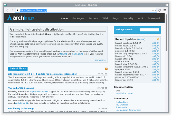 Arch Linux QupZilla page