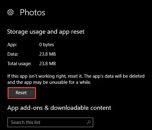 Reset Windows 10 Photos
