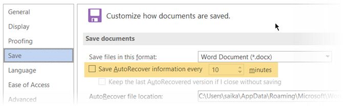 how to turn on autosave in microsoft word 2016