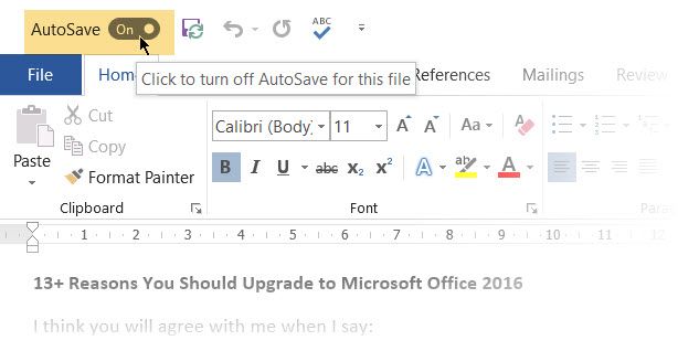 how do i turn on autosave in word 2016