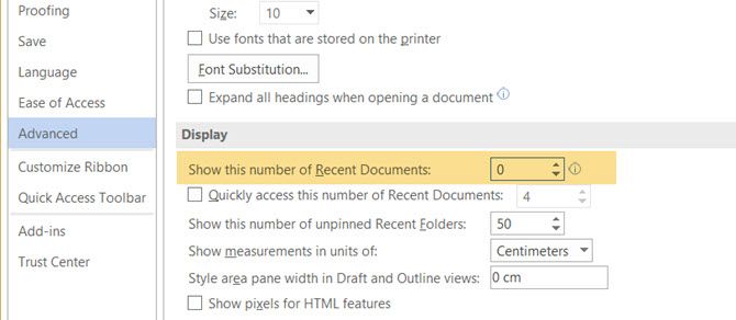 Disable the Recent Documents List in Word 2016