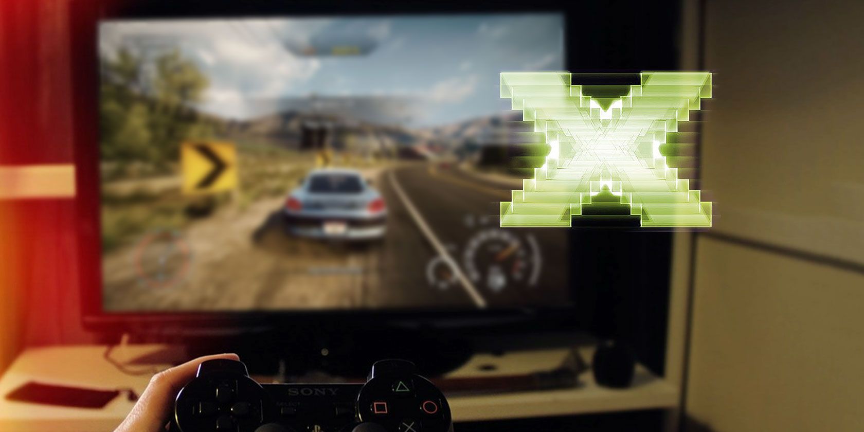 PS3 controller playing game on TV with DirectX logo showing