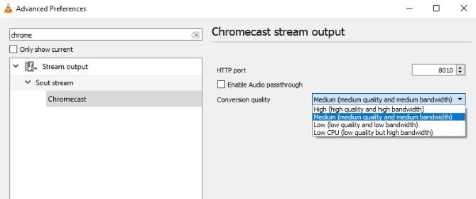 The chromecast stream options in VLC
