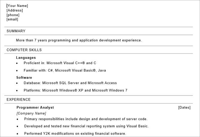microsoft word resume templates - programmer resume