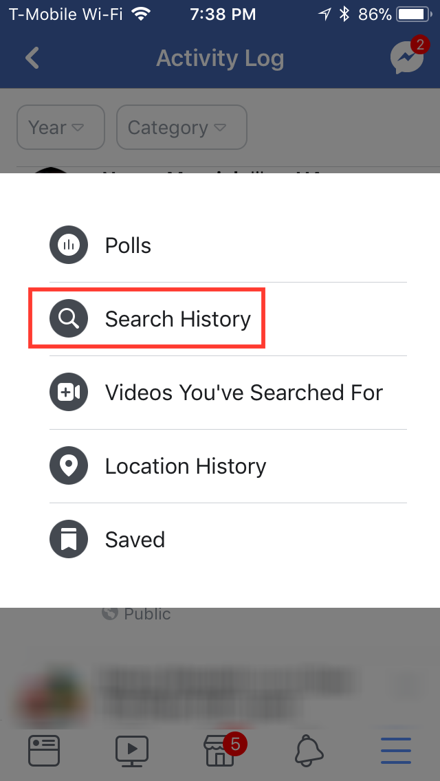 how to view search history on facebook app