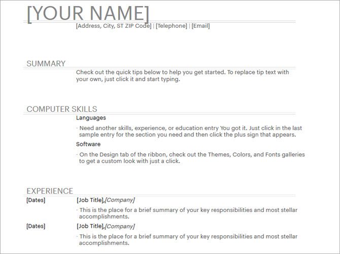 microsoft word resume templates - general