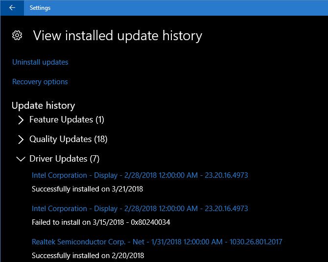 Windows 10 Recent Driver Updates