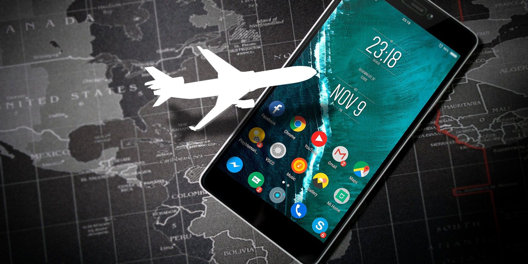 Airplane icon shown over an Android phone, on top of a map