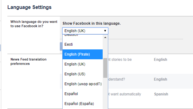 facebook languages