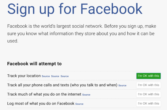 Sign Up for Facebook explains Facebook's terms and conditions in simple terms