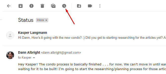 New Gmail snooze button in email view