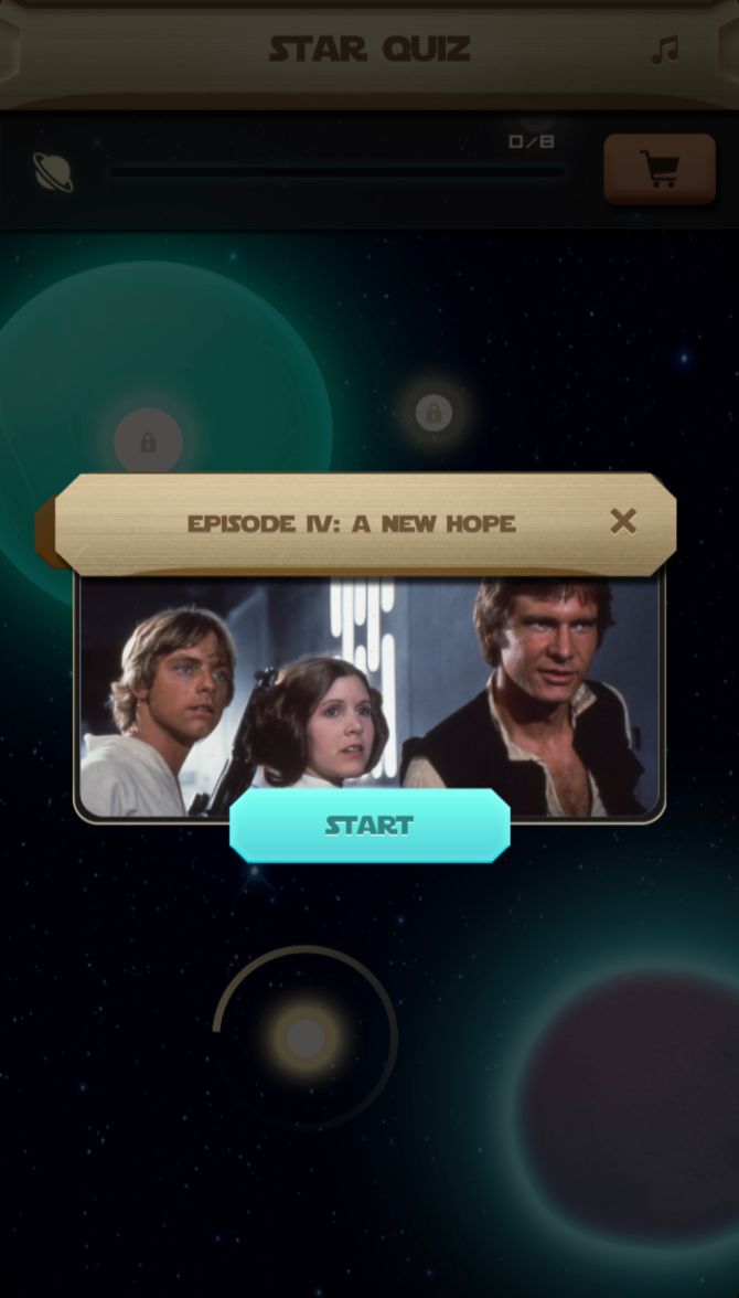 Trivia: Star Wars Edition selection screen