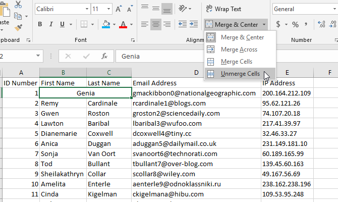 Unmerge Cells button in Excel