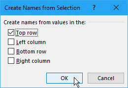 Create Names from Selection dialog box