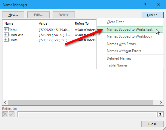 Filter the list of names on the Name Manager dialog box