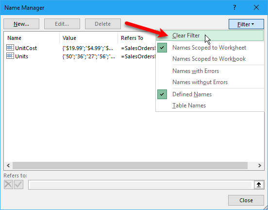 Clear Filter on Name Manager dialog box